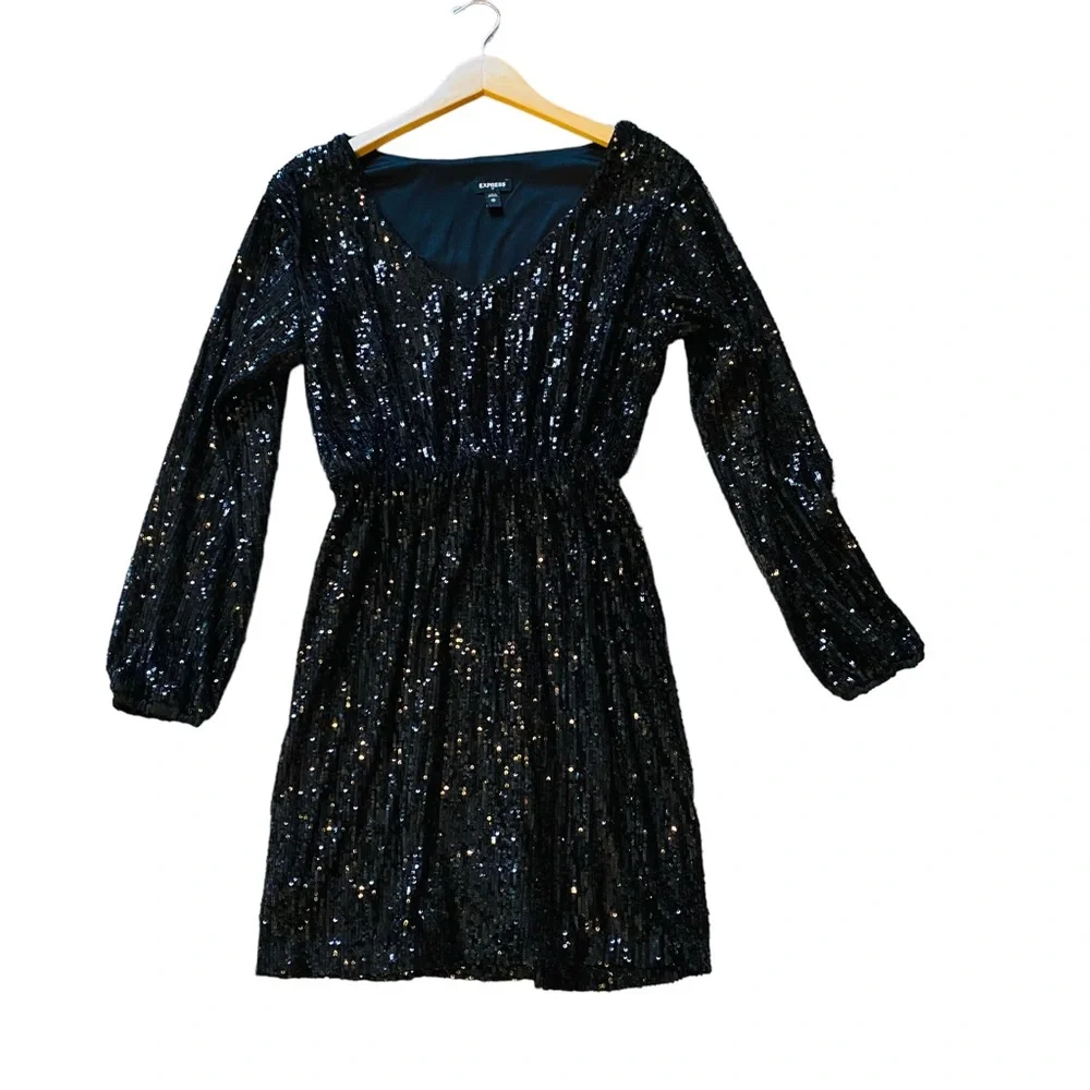 EXPRESS Black Full Sequin Mini Long Sleeved Dress - Picture 1 of 6